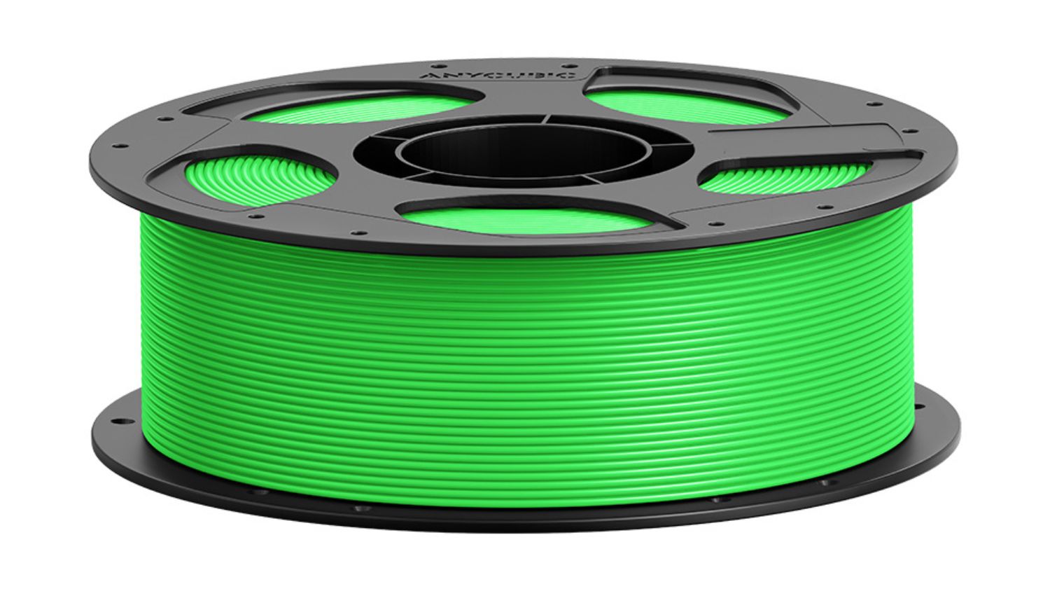 Green Anycubic 3D printer filament wound on a round plastic spool