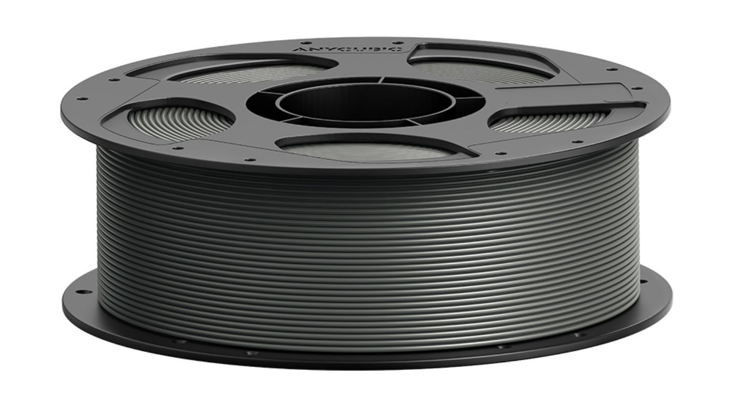 Grey Anycubic 3D printer filament wound on a round plastic spool