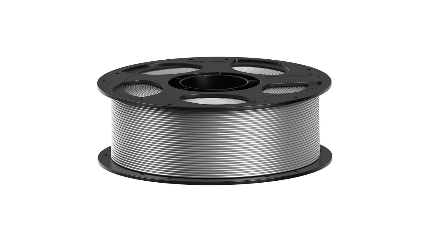 Silver Anycubic 3D printer filament wound on a black plastic spool