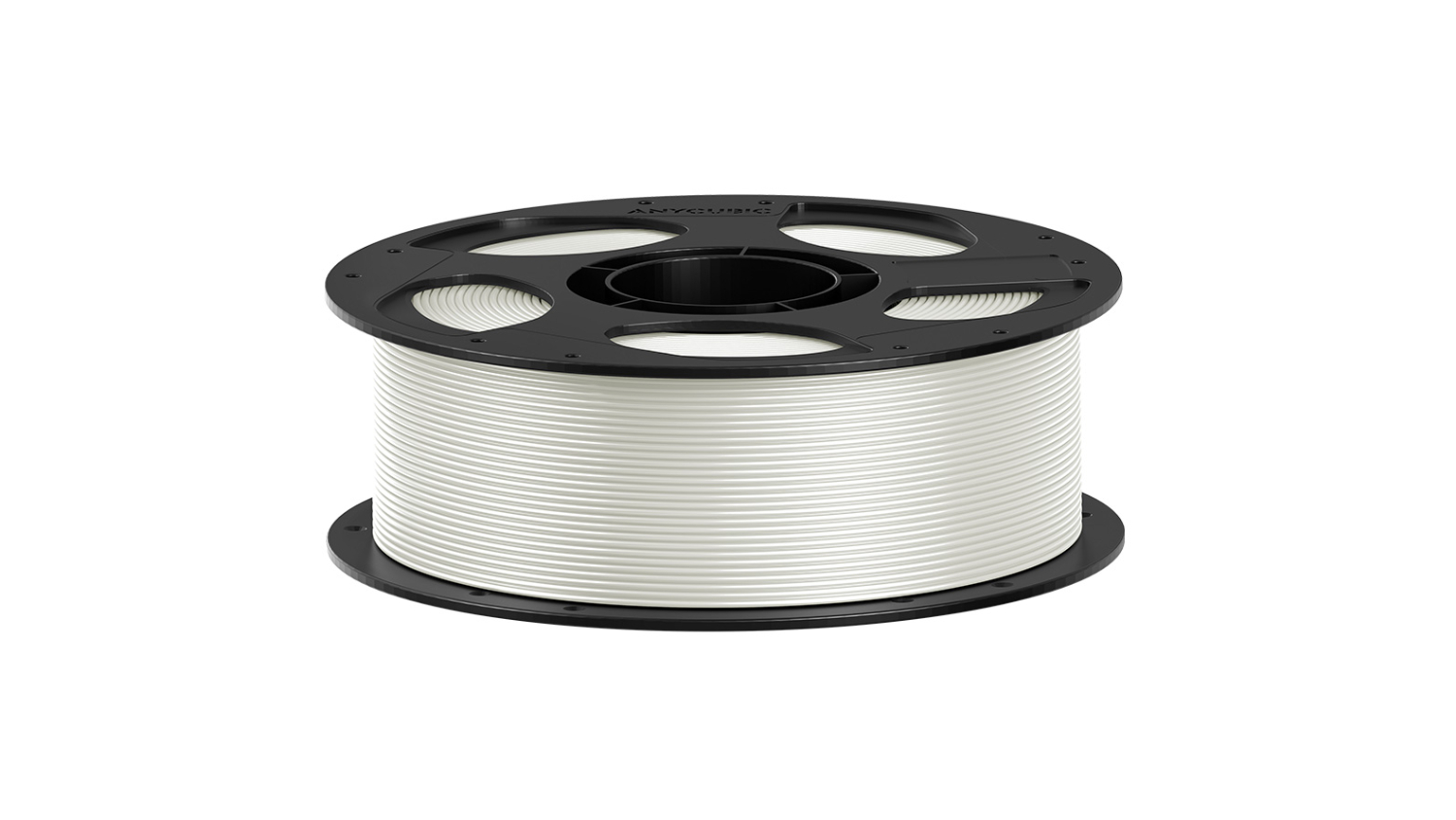 White  Anycubic 3D printer filament wound on a black plastic spool