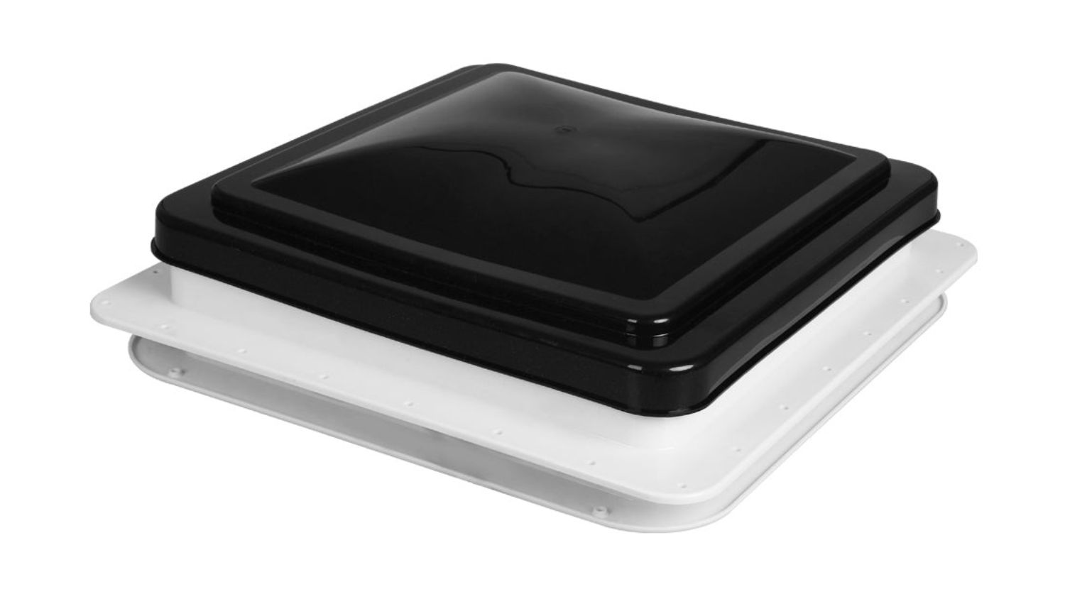 A black and white caravan roof vent with a closed square lid