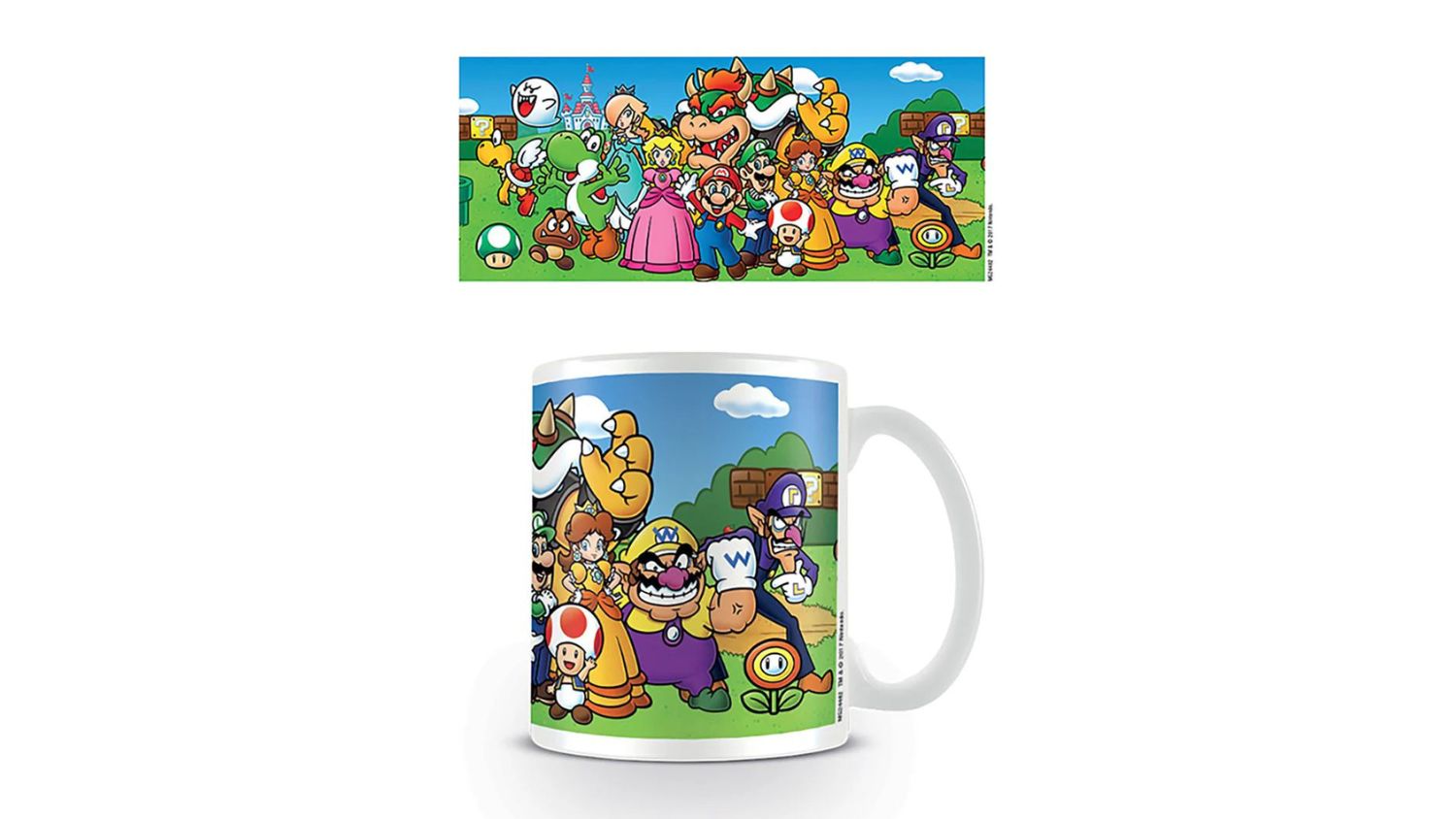 A top-down view of the Novelty art mug featuring the Super Mario classic cast