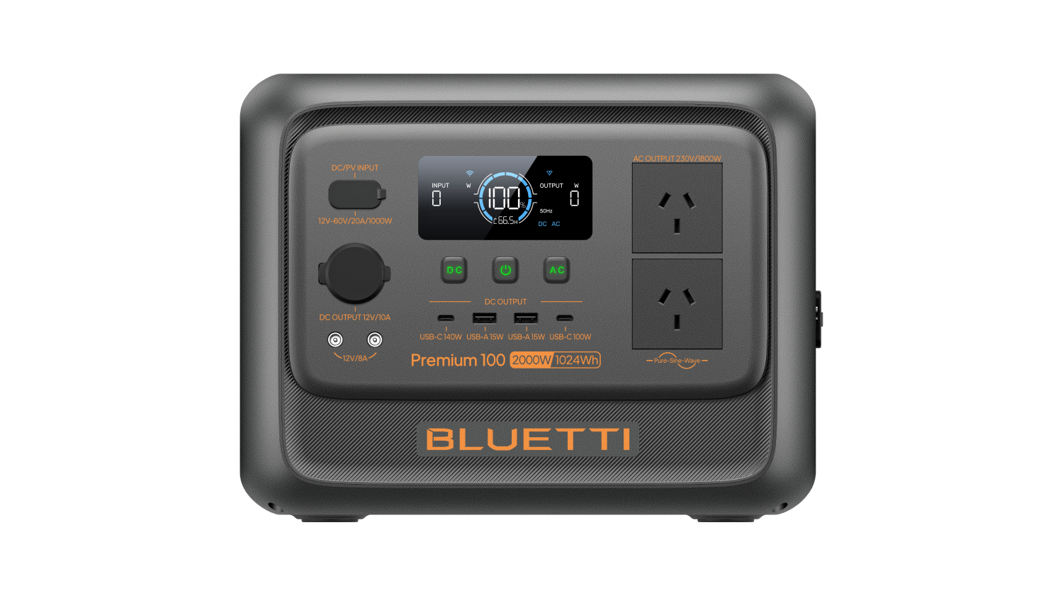 Front view of the Bluetti Premium 100 V2 portable power station, featuring a digital display, AC outlets, USB ports, and control buttons