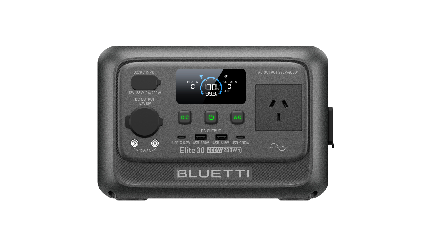 Front view of the Bluetti Elite 30 portable power station, featuring the LCD, power buttons, DC ports, and AC outlet