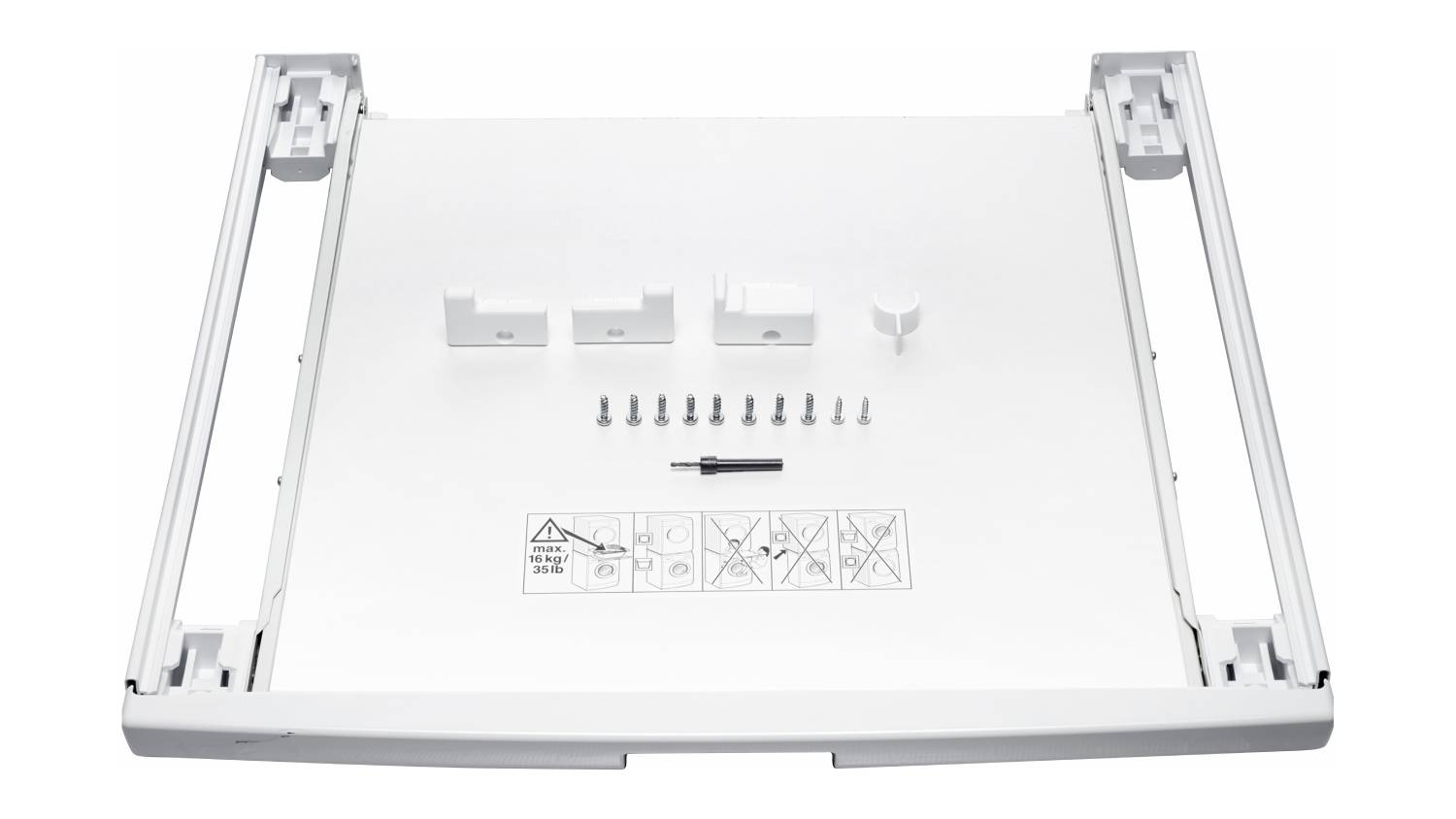 White Bosch laundry stacking kit with slide‑out shelf laid flat