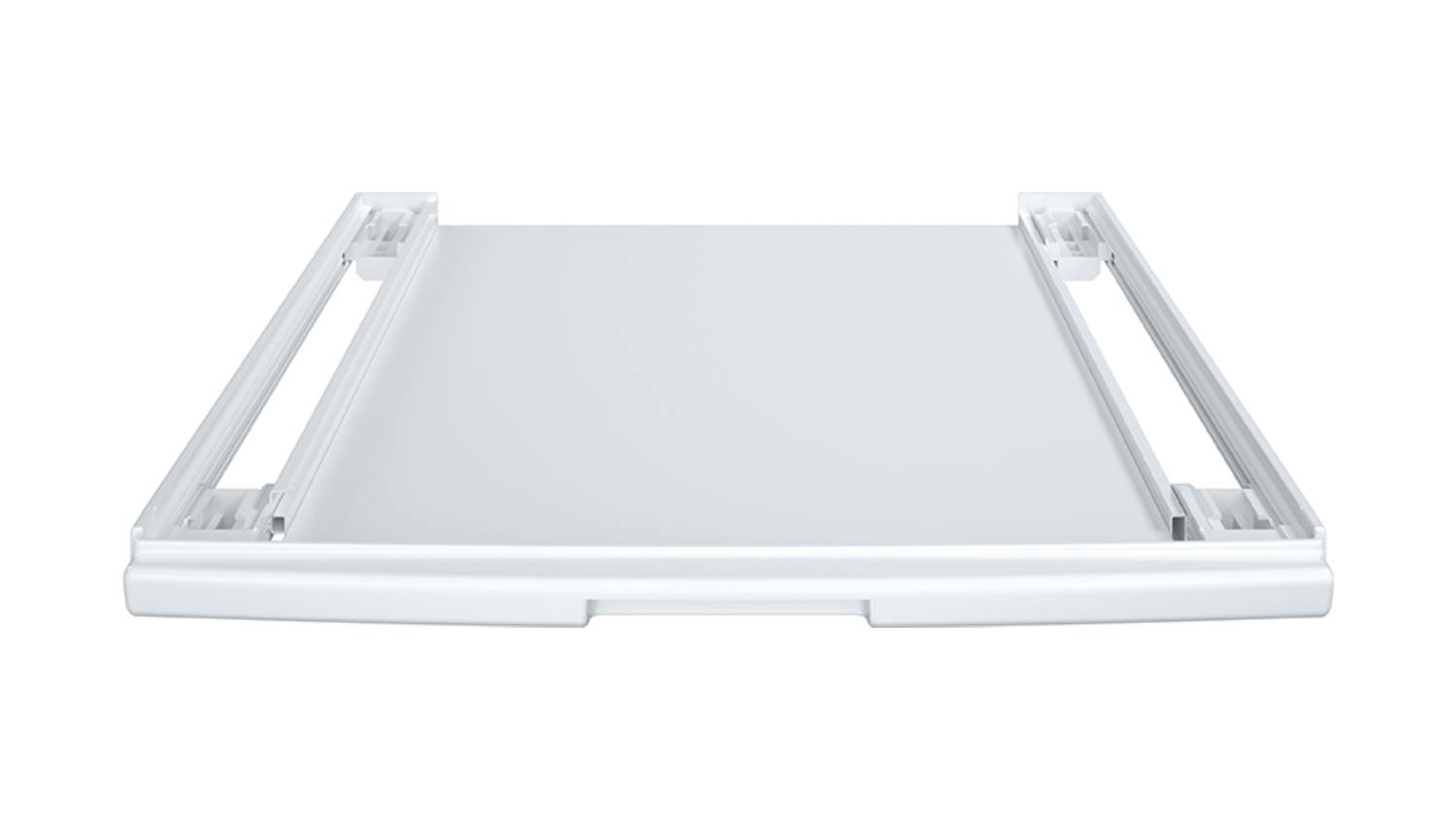 White Bosch laundry stacking kit with integrated slide‑out shelf