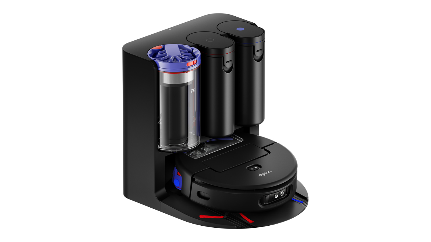 A sleek black Dyson Spot+Scrub Ai robot vacuum sitting in its Multifunctional Docking Station