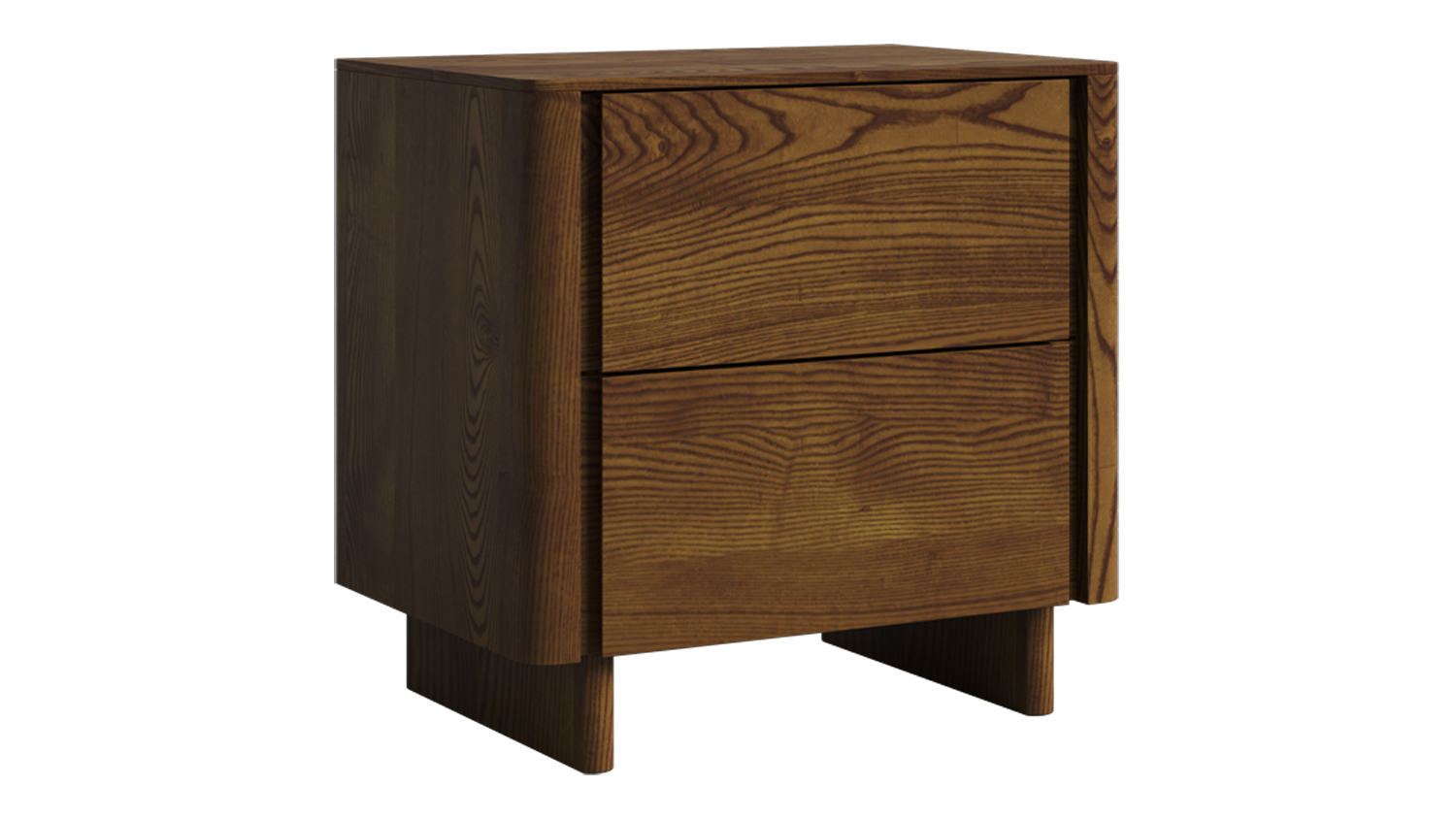 Front view of a low-profile dark wood Elm Bedside Table with two drawers
