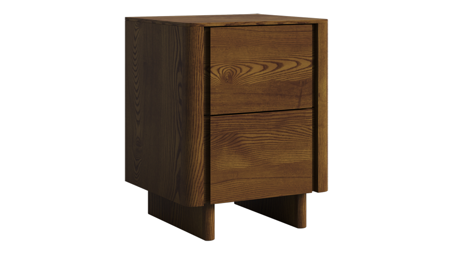 Front view of a dark wood Elm 2 Drawer Bedside Table in a narrow design, showing the grain and curved edges