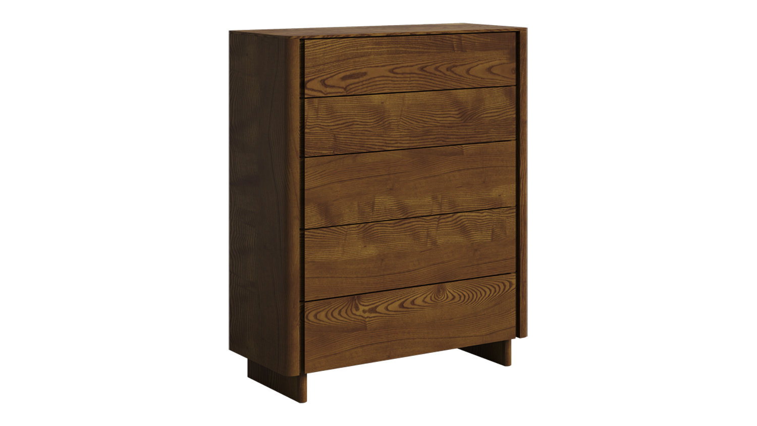 Front view of an Elm five-drawer bedroom chest made of elm wood, featuring clean lines and a rustic aesthetic