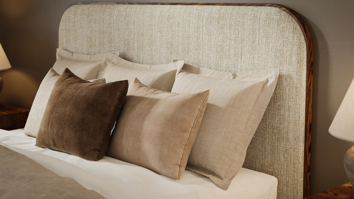 Textured cream Elm Queen Headboard against a grey wall with brown and beige accent pillows