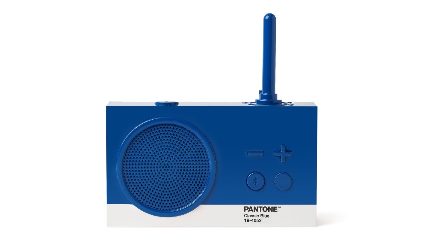 A front view of the Lexon x Pantone Tykho 3 FM Radio with Bluetooth in blue colour