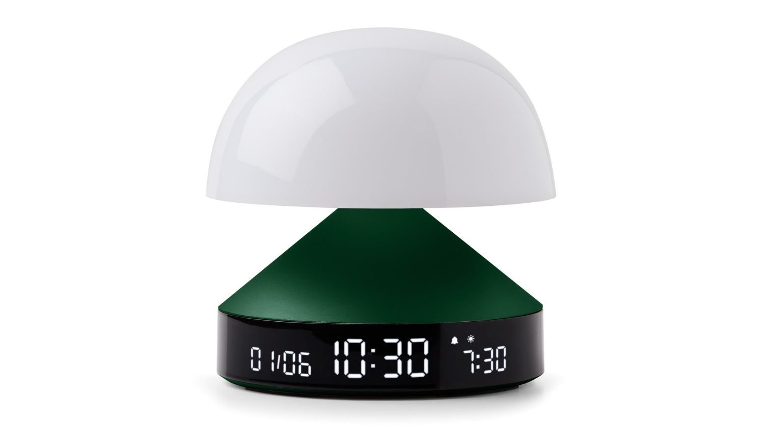 A front view of the Lexon Mina Sunrise Alarm Clock with Lamp in dark green colour