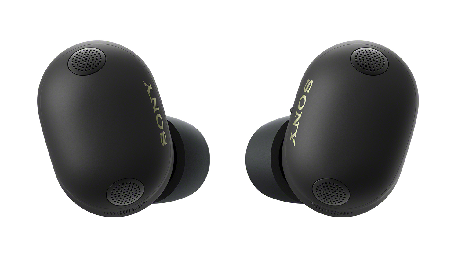 Front view of Sony WF1000XM6 earbuds, showing its compact design and modern black style