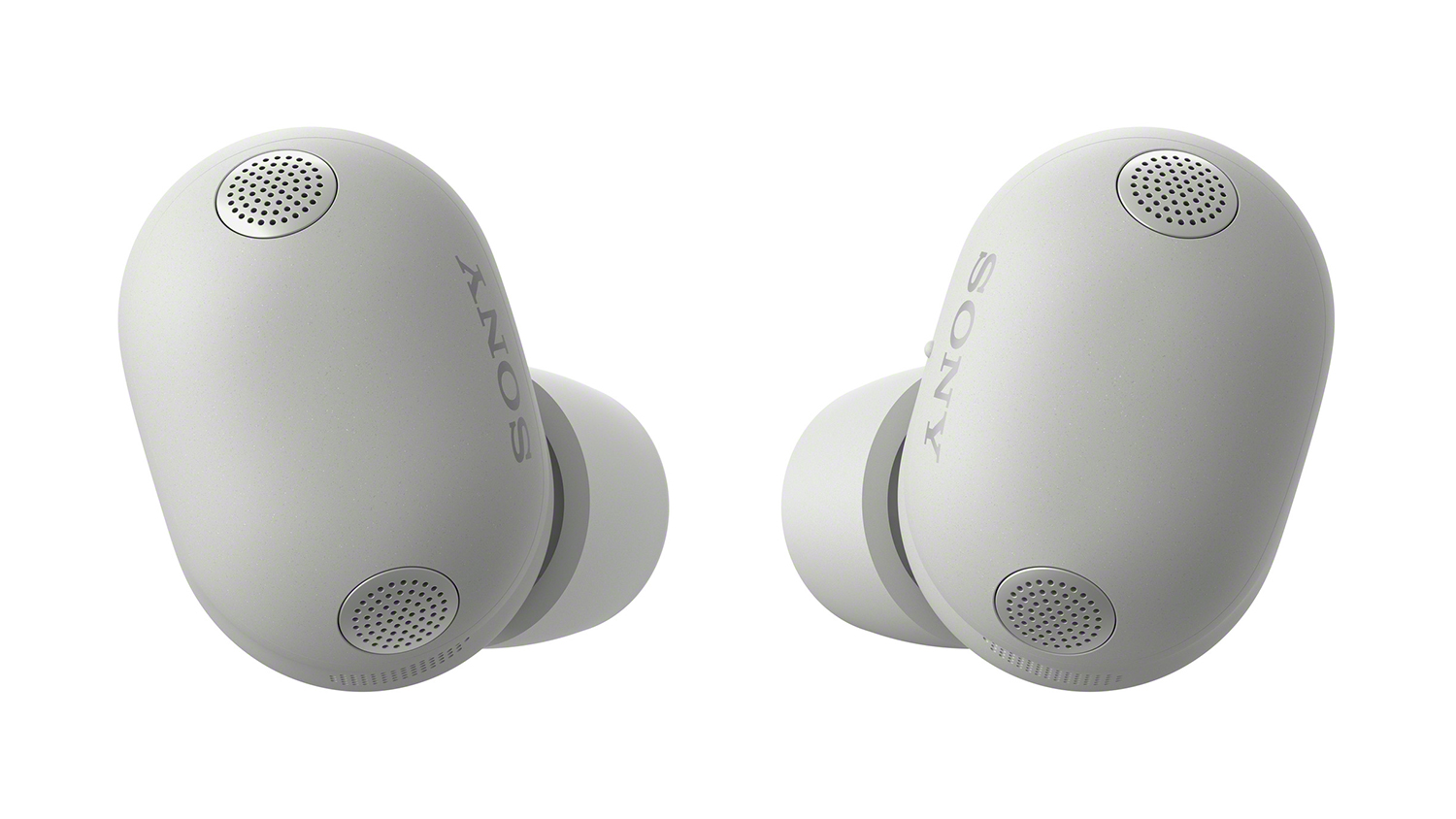 Front view of Sony WF1000XM6 earbuds, showing its compact design and modern platinum silver style