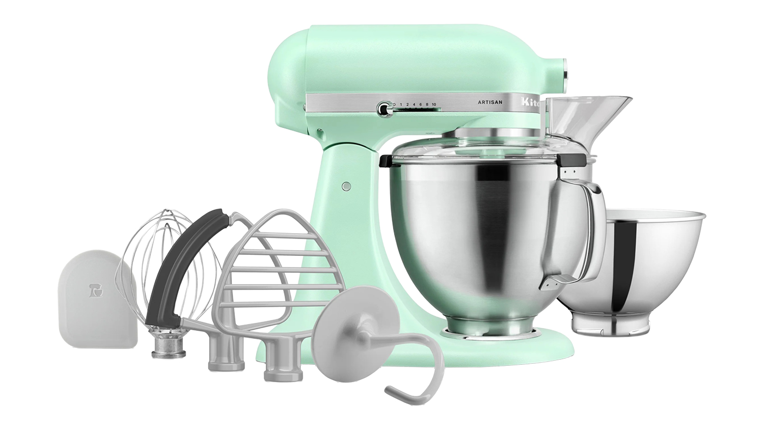 KitchenAid Artisan tilt‑head stand mixer in Spearmint with a mixing bowl attached and accessories beside