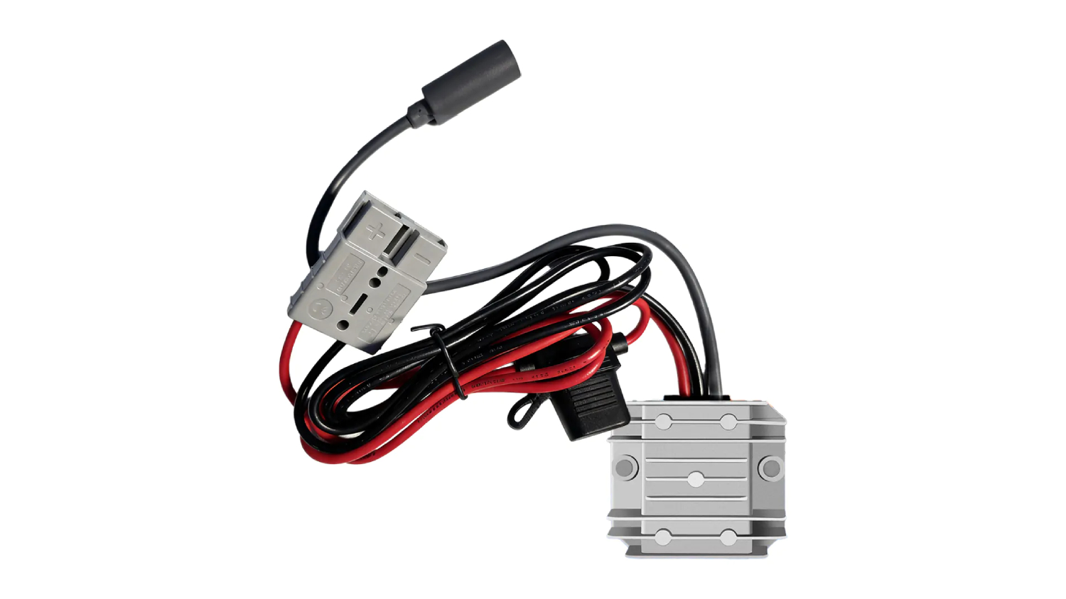 A compact aluminium DC converter with attached red and black wiring harness, fuse holder, and ring terminals