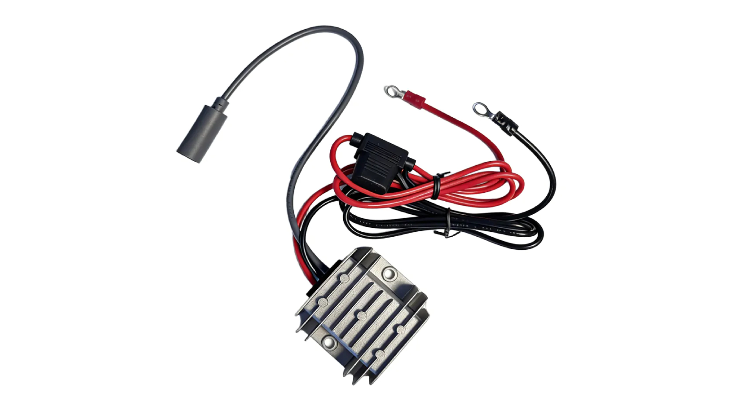 A compact aluminium DC converter with attached red and black wiring harness, fuse holder, and ring terminals