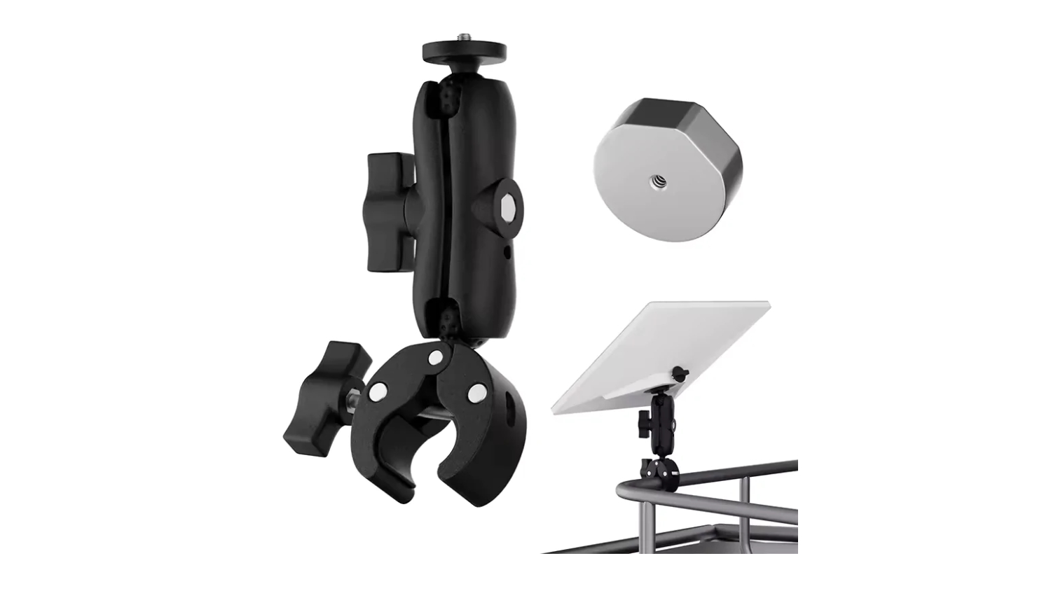 A clamp mount kit with adjustable arm, clamp bracket, and adapter, shown with an example of the mount installed on a railing