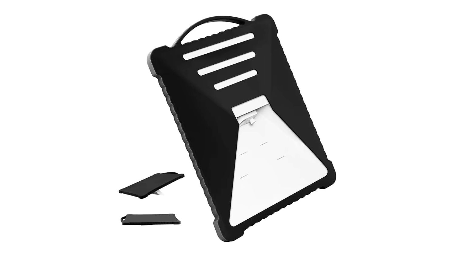 Angled view of the black silicone Starlink Mini protective cover with included adhesive pieces shown beside it