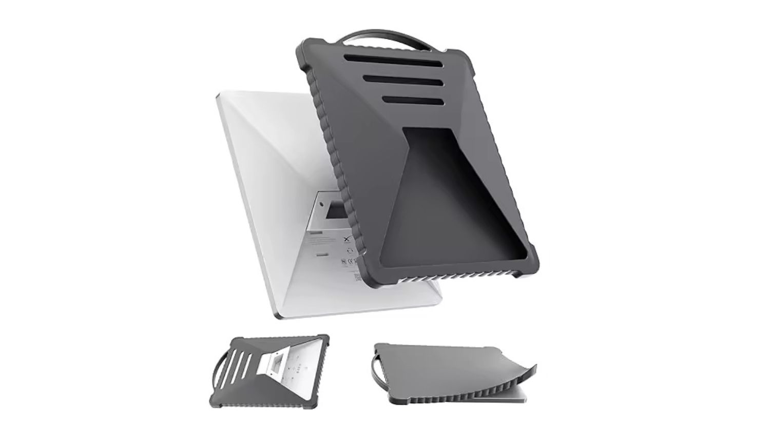 Angled view of the black silicone Starlink Mini protective cover with included adhesive pieces shown beside it