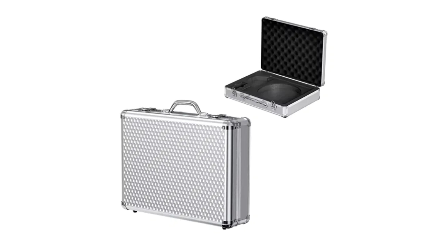 Silver textured hard carry case with handle, shown closed and opened to reveal a foam-lined interior for equipment storage