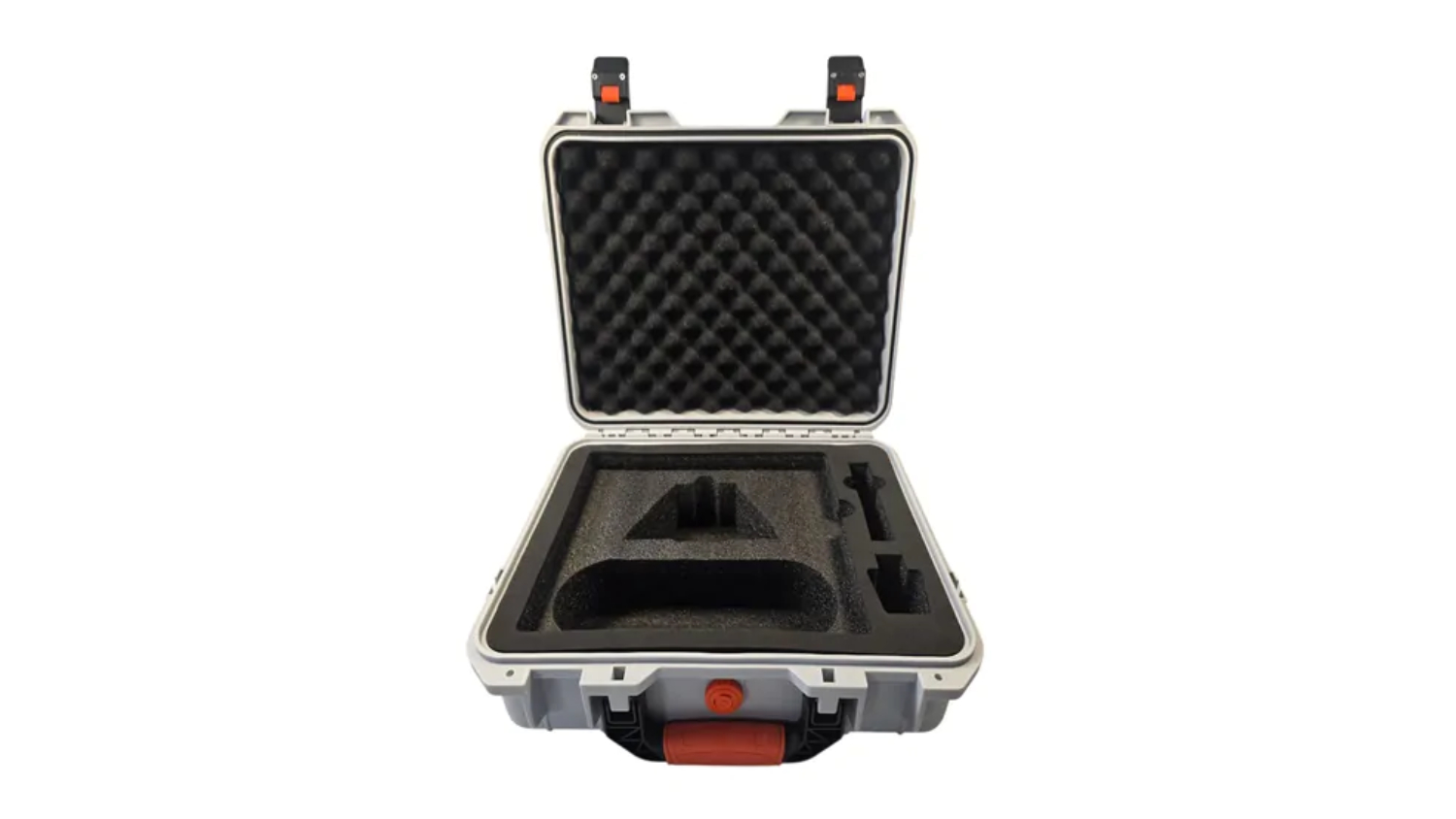 An open grey protective carry case featuring foam padding and custom-cut interior compartments