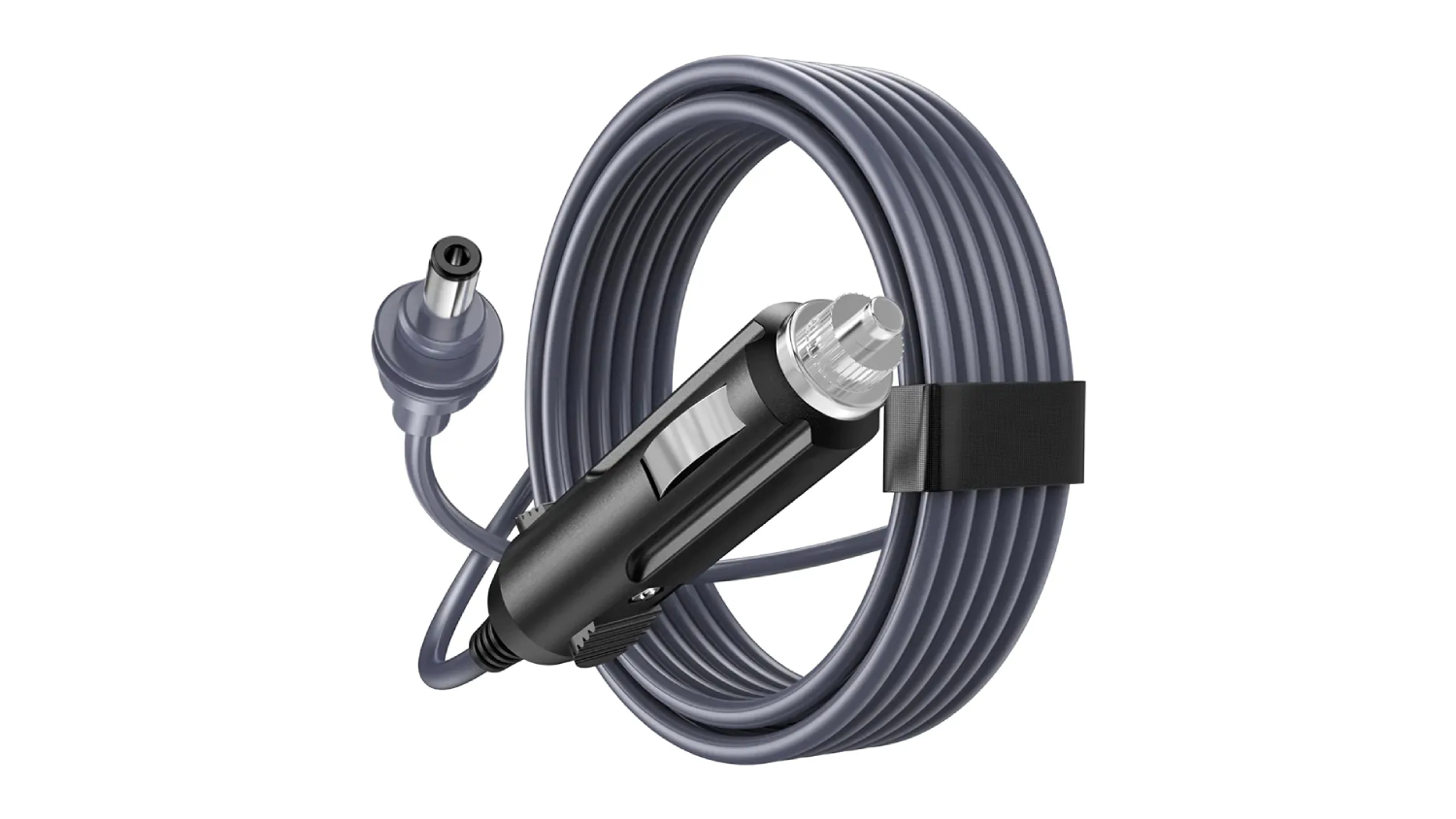 A 2 metre coiled DC power cable with a car cigarette‑lighter plug and a round DC connector
