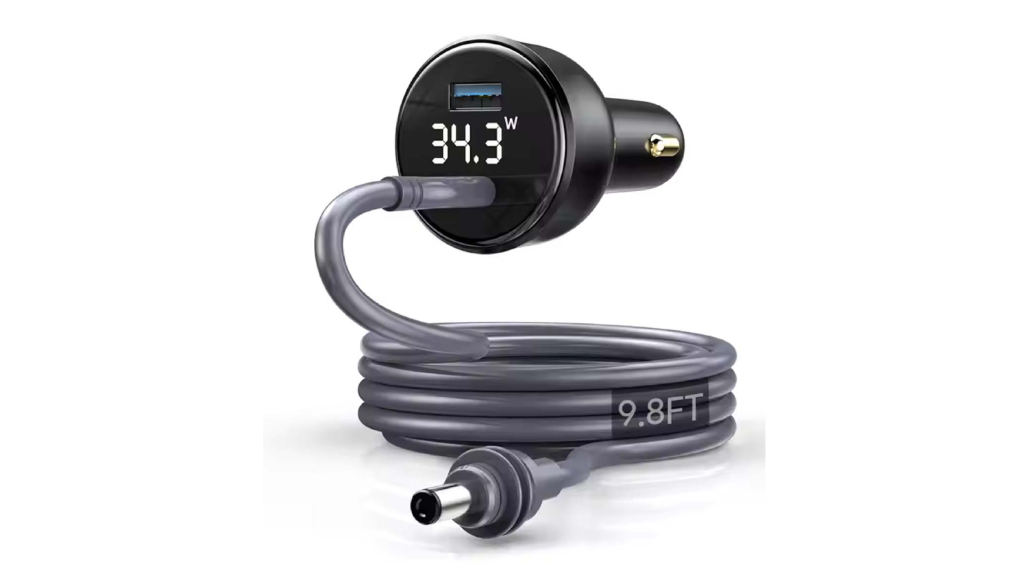 A 5 metre Coiled DC power cable with a car cigarette‑lighter plug and a round DC connector