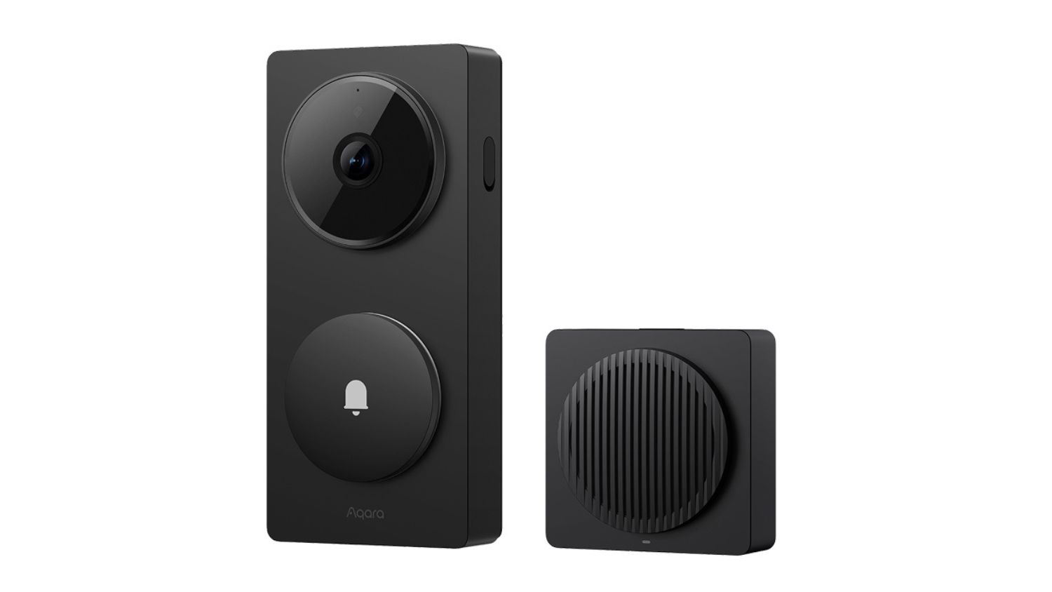 Black smart doorbell camera with a round button beside a matching square chime unit