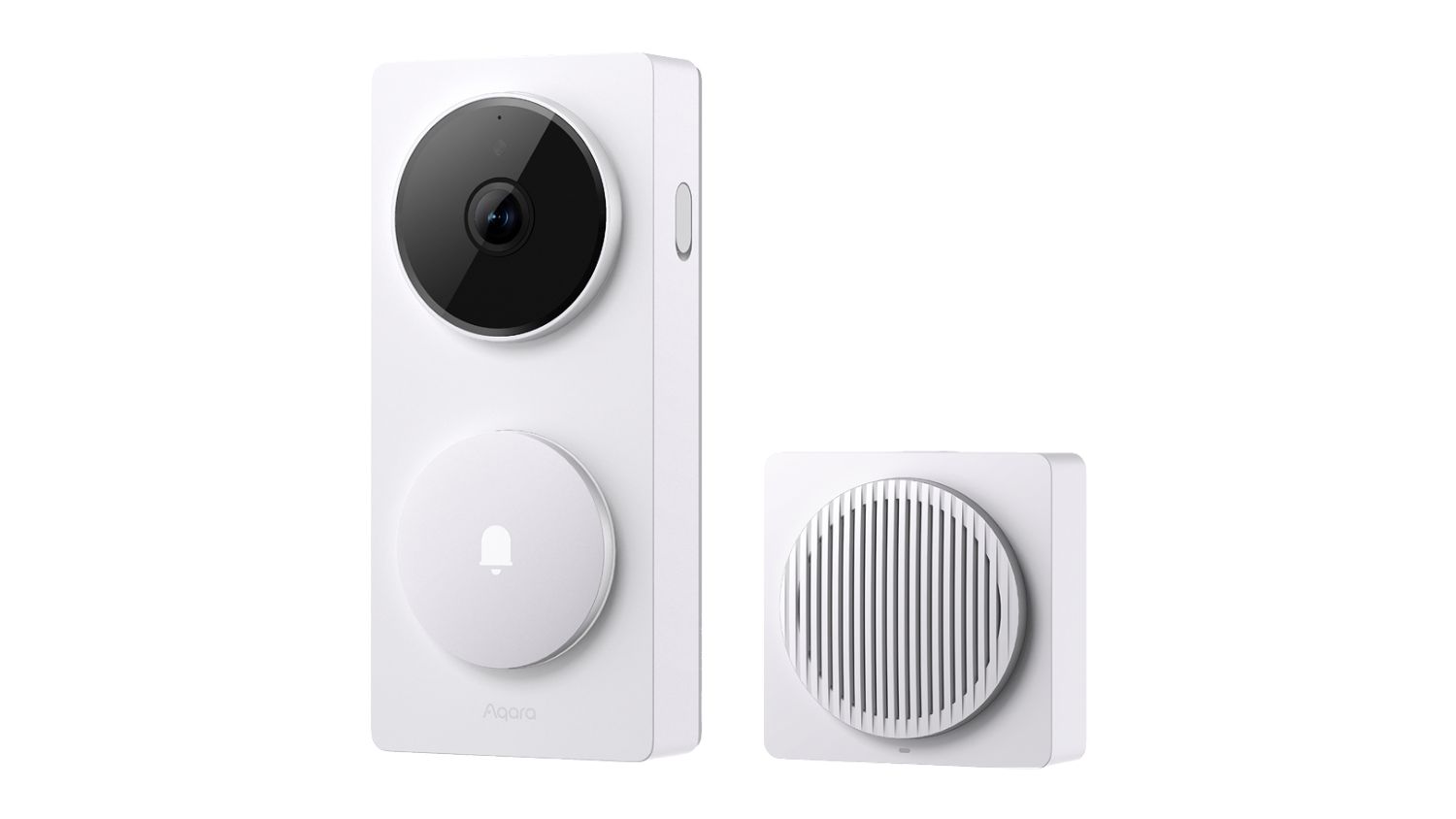 White smart doorbell camera with a round button beside a matching square chime unit