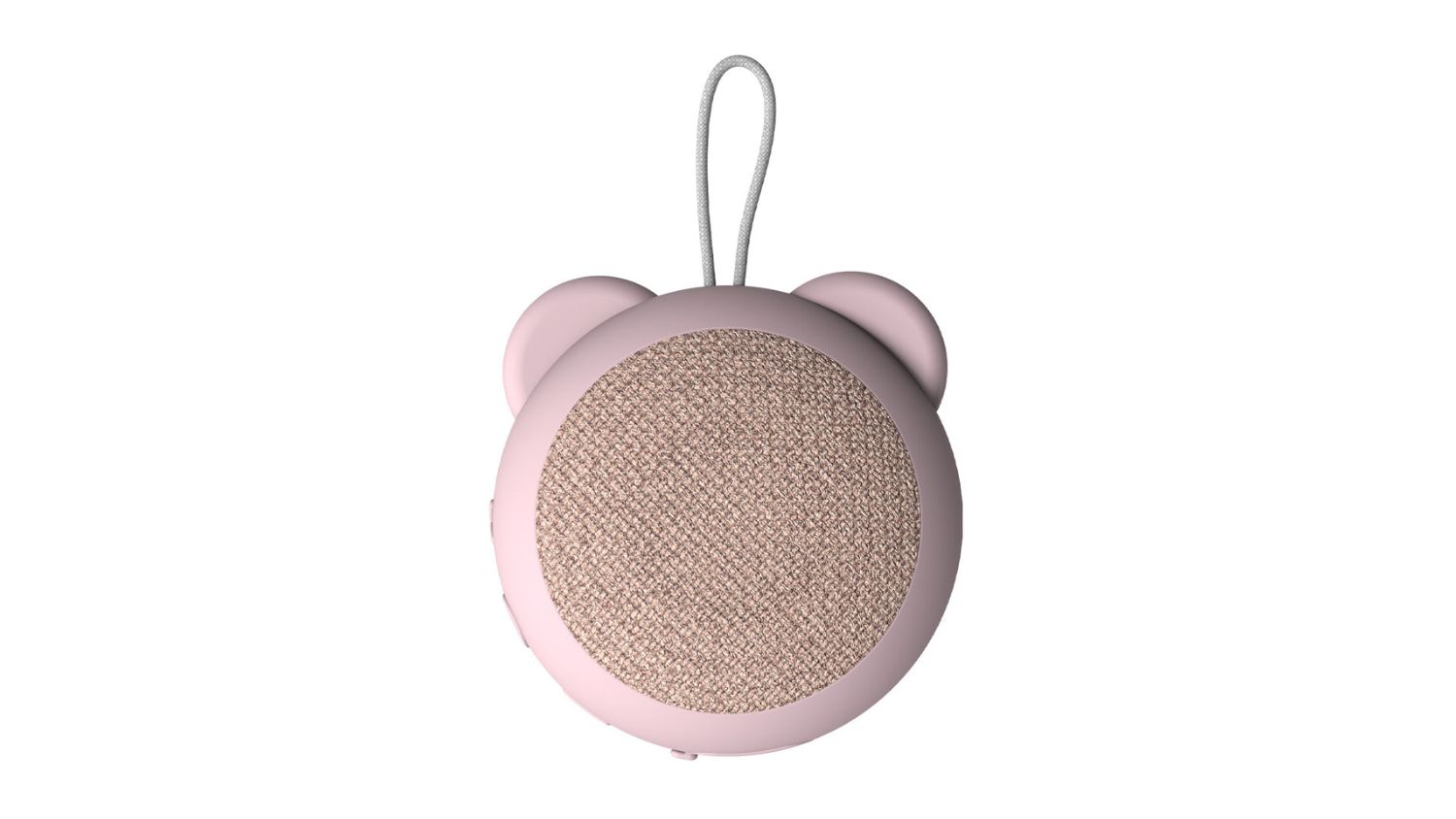 Pink bear-shaped portable speaker with a fabric front and a loop handle on top