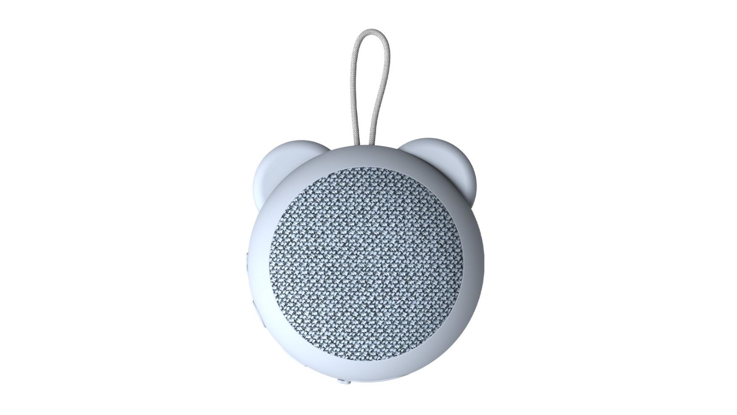 Blue Bear-shaped portable speaker with a fabric front and a loop handle on top