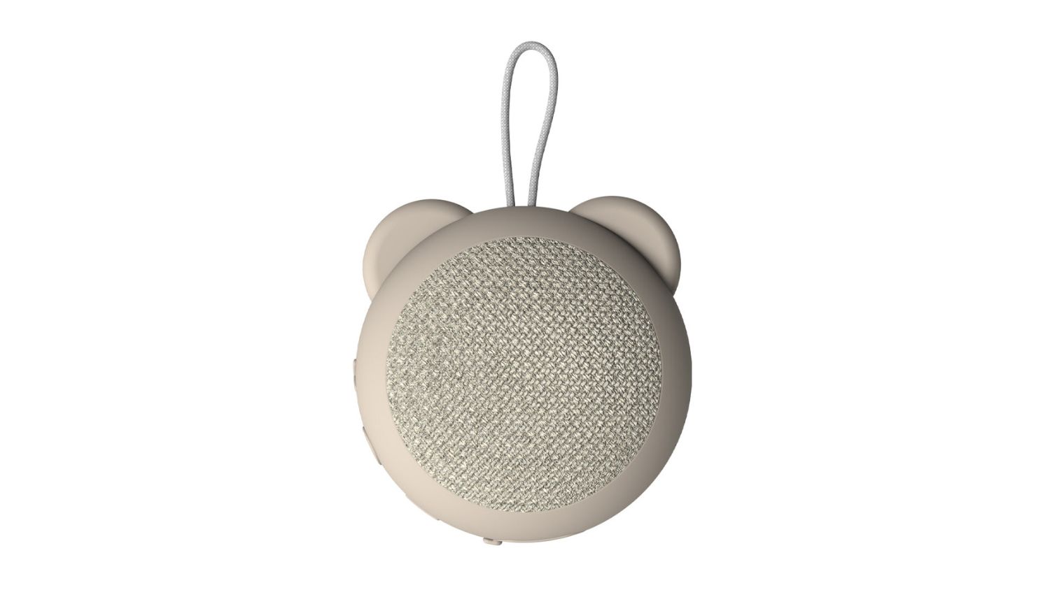 Ivory Bear-shaped portable speaker with a fabric front and a loop handle on top