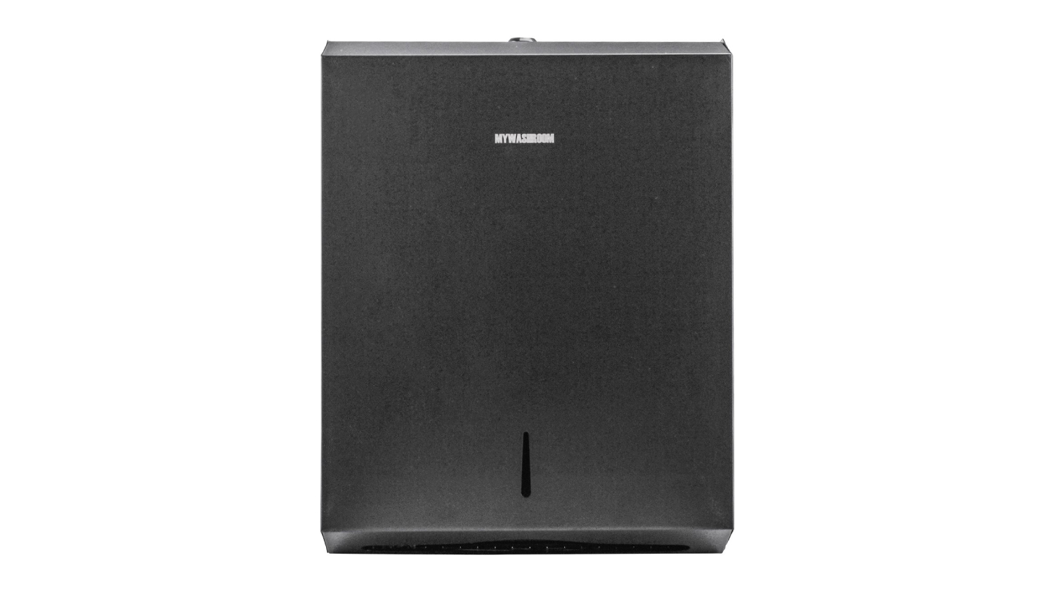 Front view of a black MyWashroom wall-mounted paper towel dispenser with a narrow viewing slot