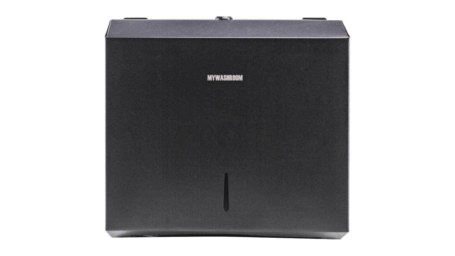 Front view of a black MyWashroom Wide paper towel dispenser with a narrow viewing slot
