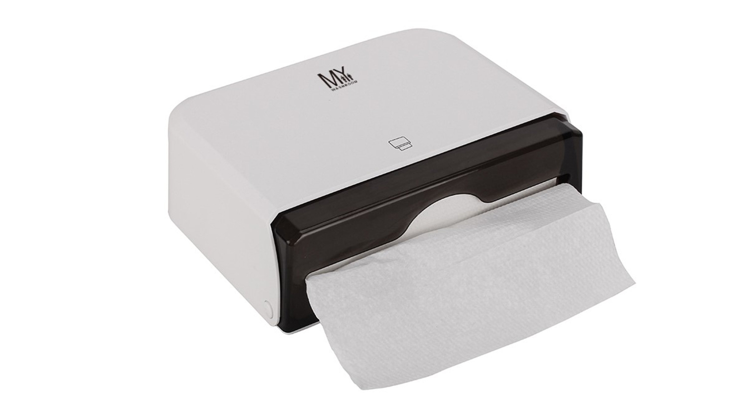 Wall-mounted MyWashroom Plastic white paper towel dispenser with a dark front panel and a towel partially pulled out