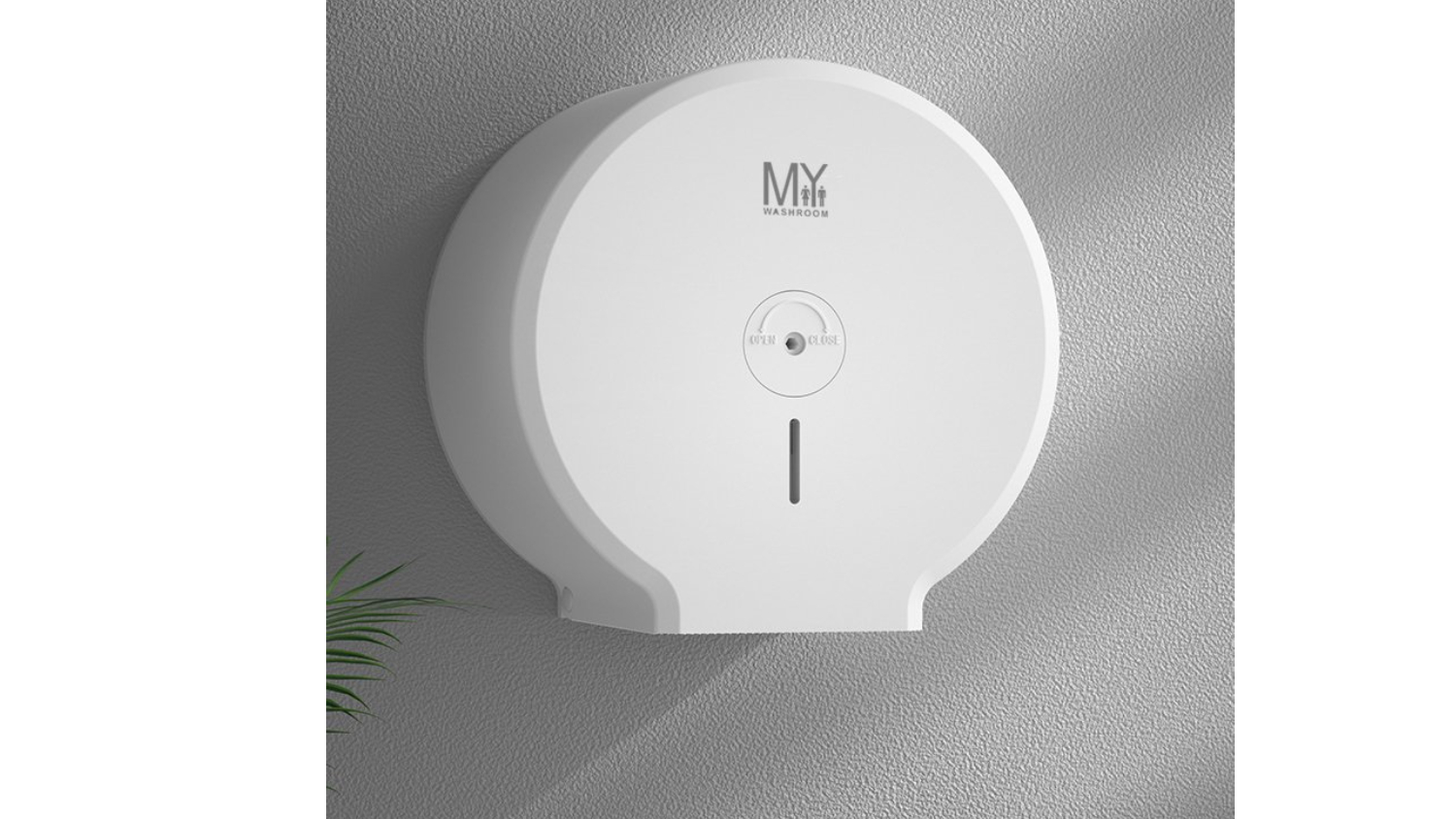 Front view of a closed white MyWashroom plastic round wall-mounted large roll tissue dispenser