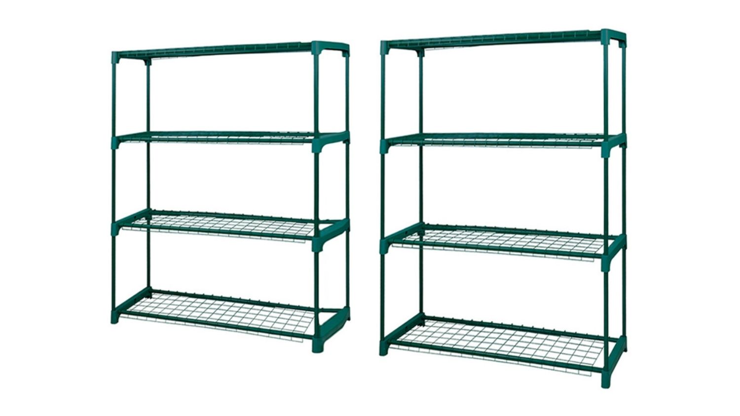 A side-by-side view of a 2-piece 4-Tier Metal Plant Shelf in green finish
