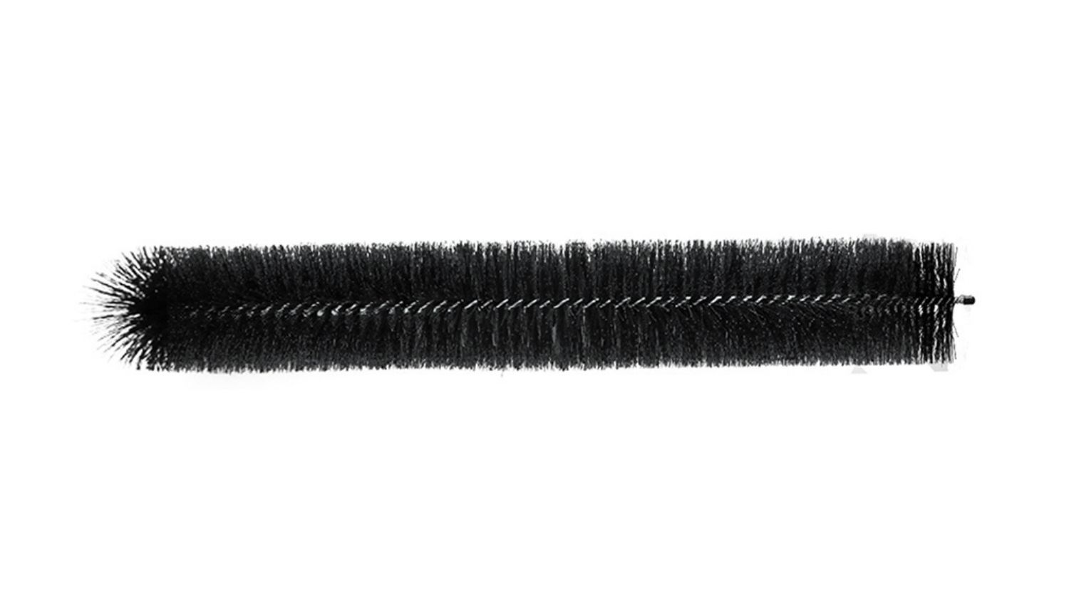A vertical angled view of a long cylindrical black nylon gutter brush with dense bristles