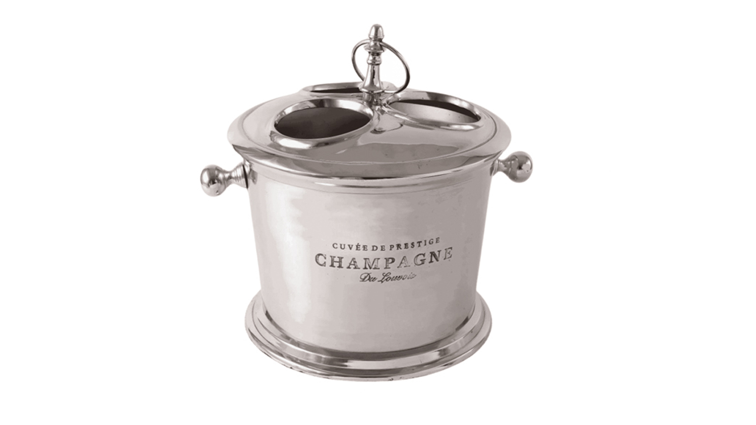 A polished silver aluminium wine cooler with side handles and engraved text reading ‘Cuvée de Prestige Champagne’