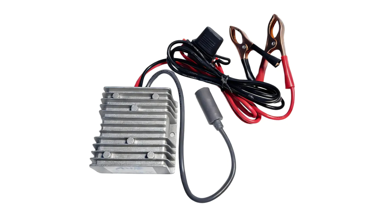 Metal  Air Vision Systems Starlink 12V‑to‑57V converter with cables and alligator clips attached