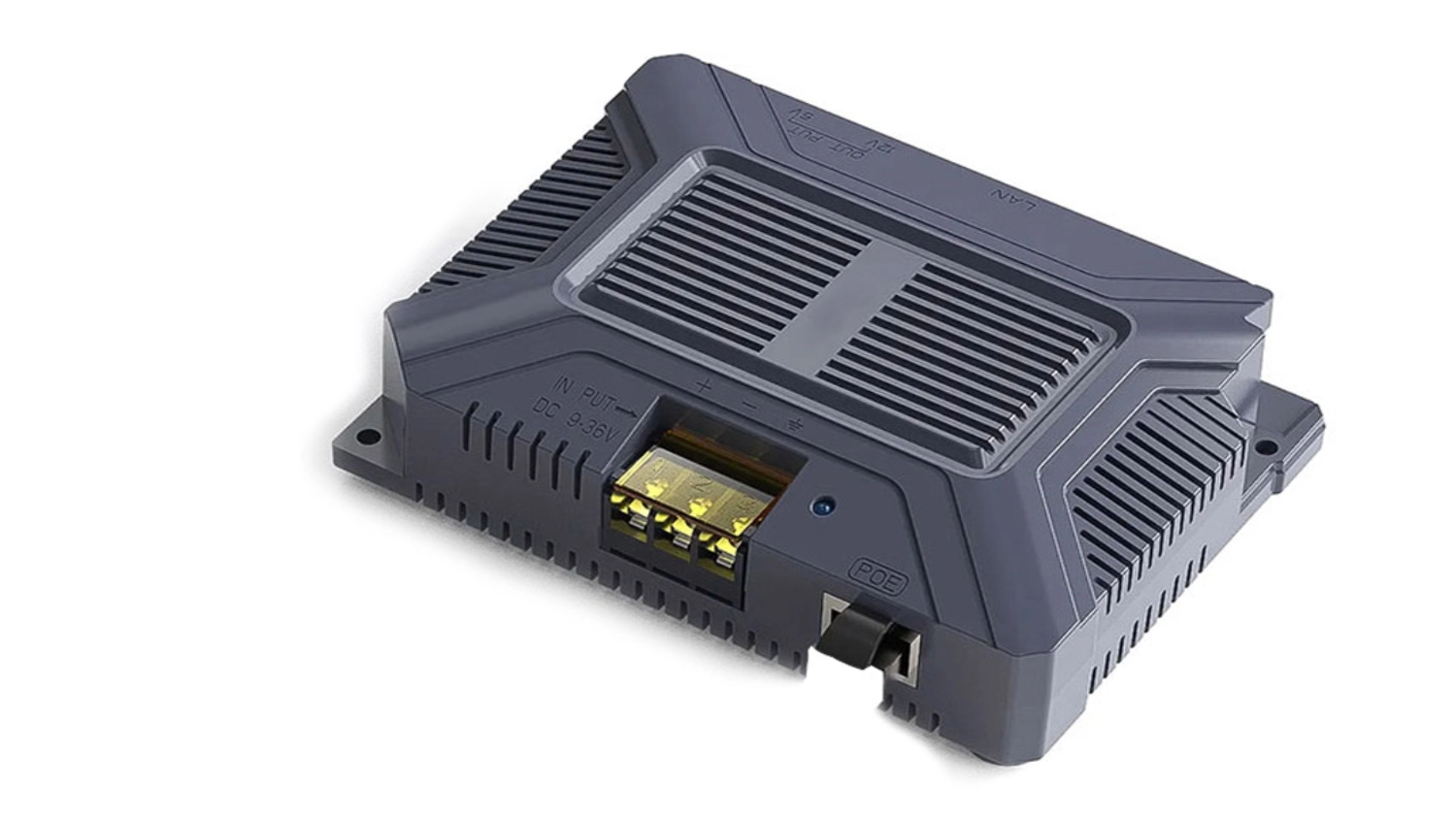 A grey Air Vision Systems Starlink power adapter box with a vented casing and visible terminal ports