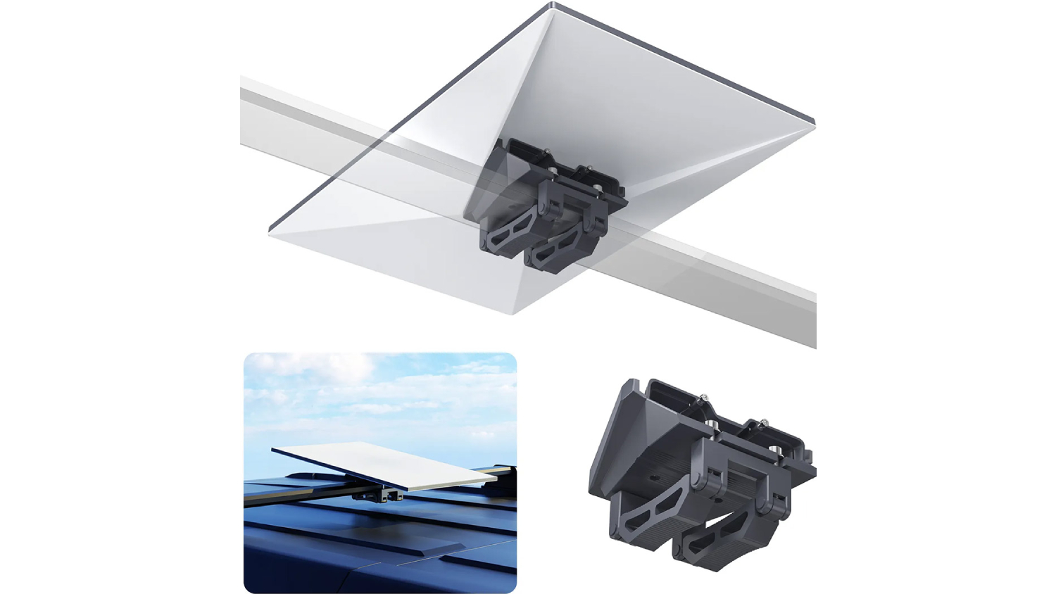 Air Vision Systems Starlink Gen 3 roof‑rack mount holding a flat solar panel above a vehicle, shown from multiple angles