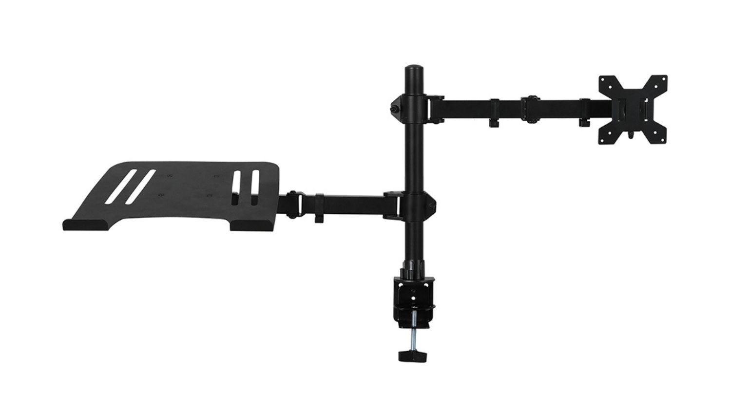 Black dual-arm desk-mounted stand with a laptop tray on one side and a VESA monitor mount on the other