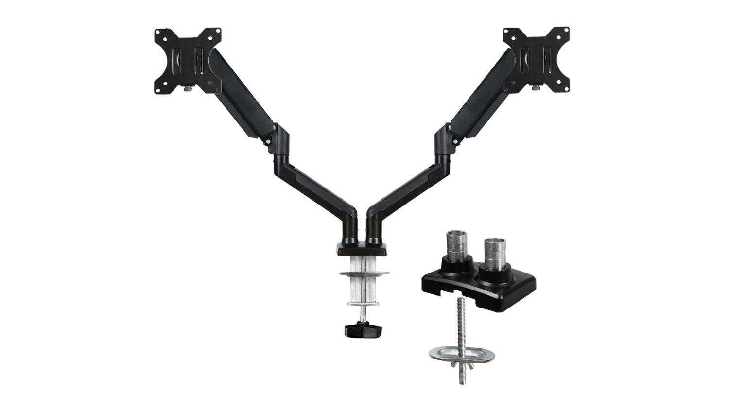 Black dual-arm VESA monitor mount with adjustable arms and included desk clamp hardware