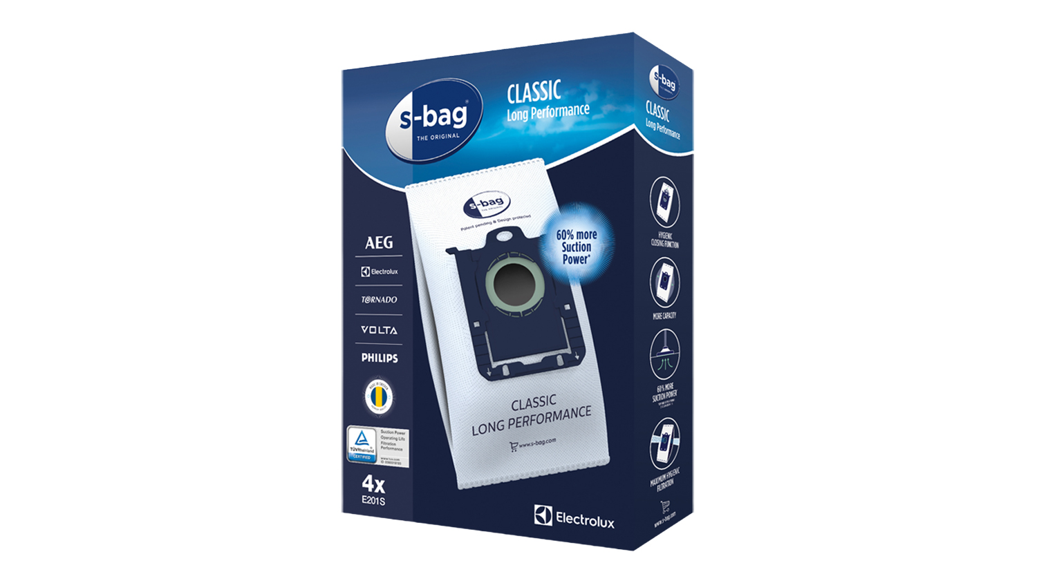 A retail box of Electrolux S‑Bag Classic Long Performance vacuum bags, showing the product image on the front
