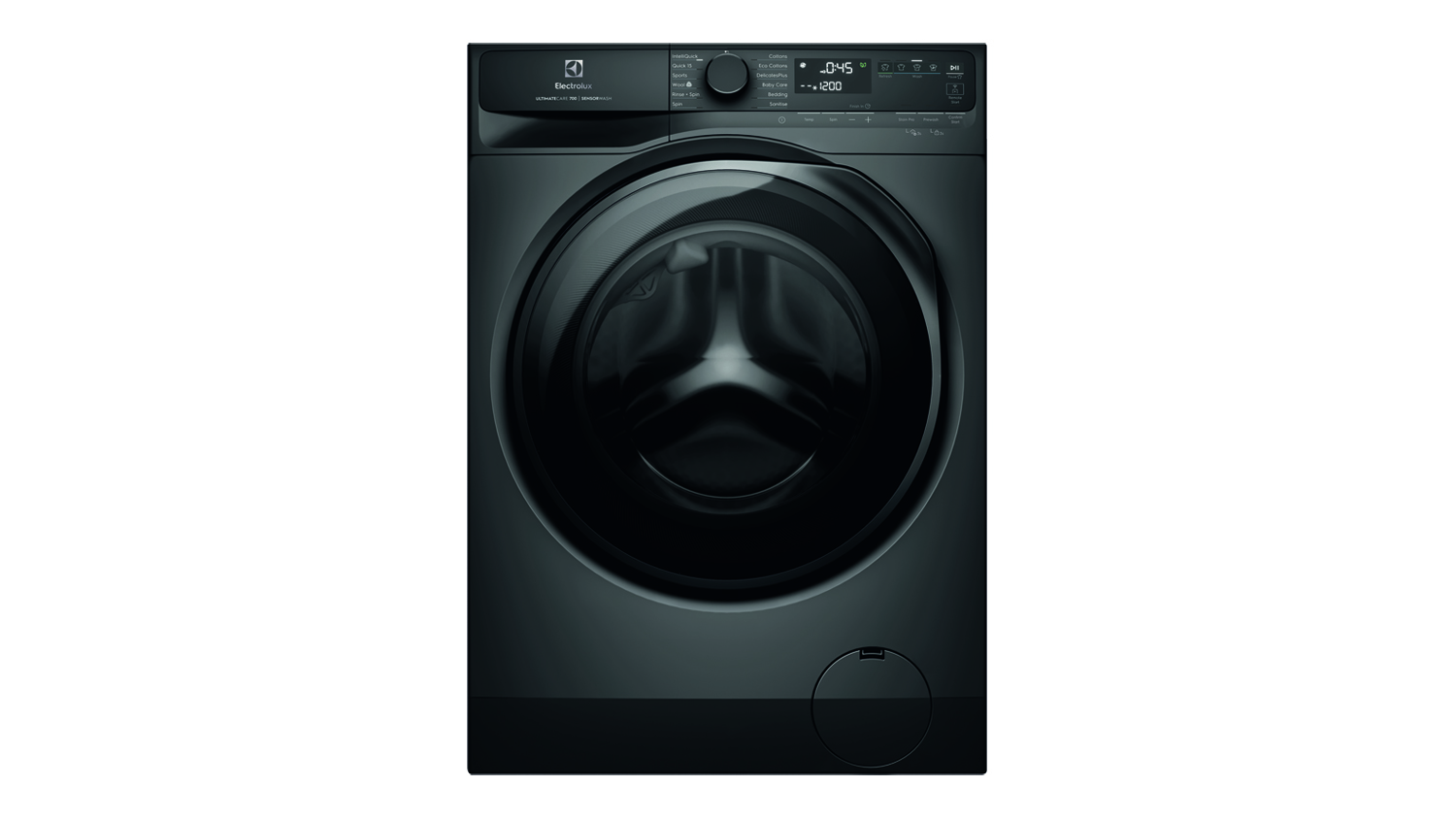 Front view of Electrolux UltimateCare 700 10kg washing machine in Dark Onyx finish