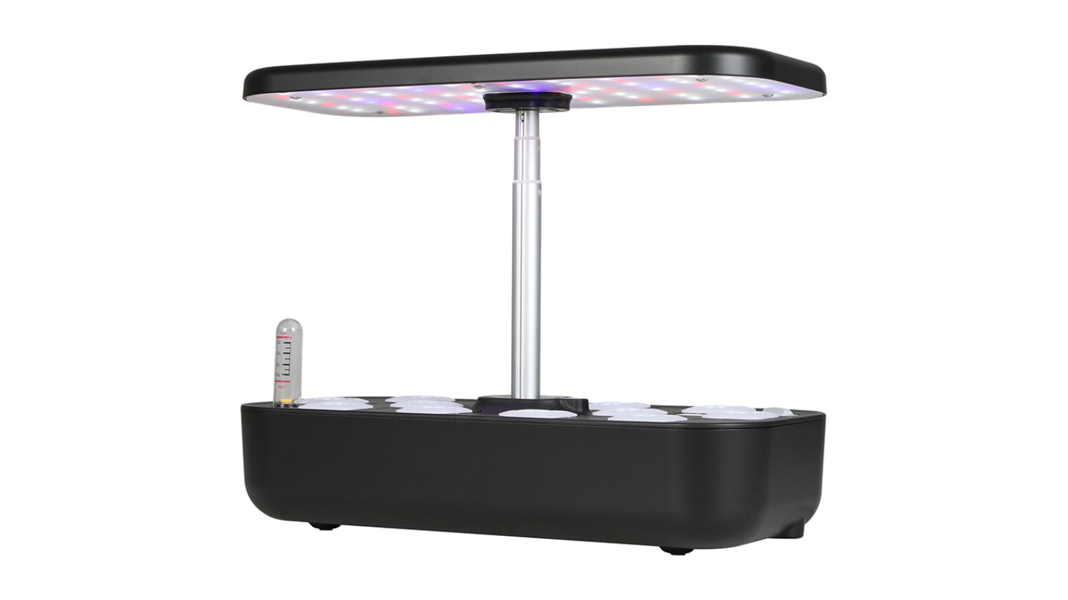 Black countertop, Pretty and Practical hydroponic garden with adjustable LED grow light and seed pod slots
