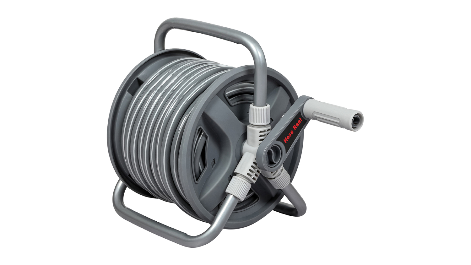 A grey Pretty and Practical portable hose reel with handle and crank, holding a coiled garden hose